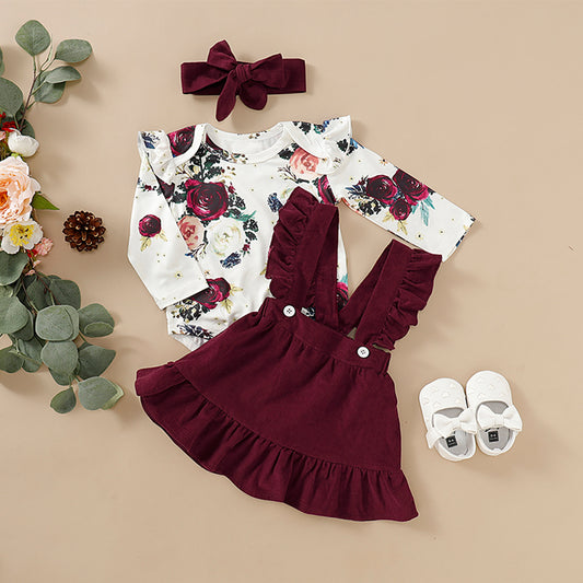 3-piece Baby Floral Print Bodysuit, Suspender Skirt and Headband Sets