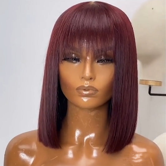 99J Burgundy Red Short Human Hair Wig Straight Remy Hair With Bangs