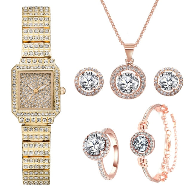 6PCS Gold Luxury Rhinestone Watches Set