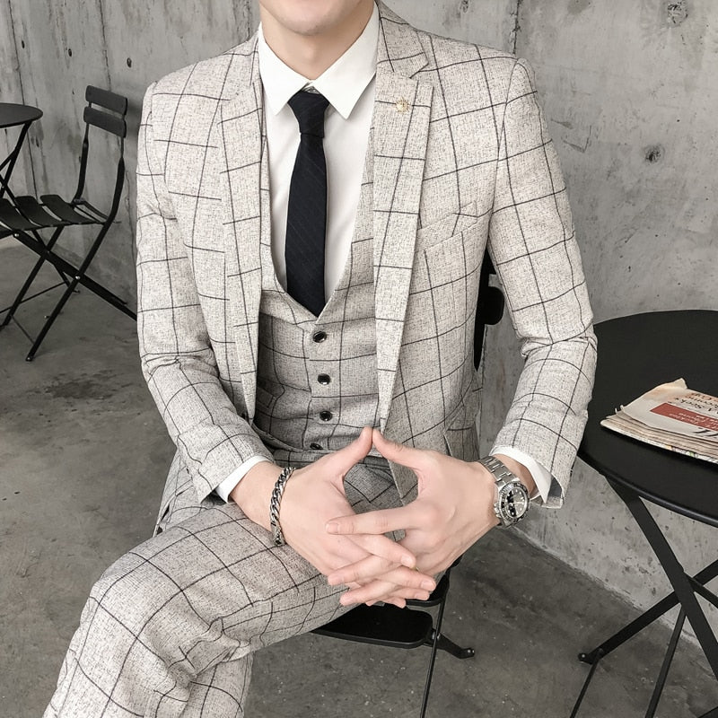 Formal Slim Business Suit Plaid ( Jacket + Vest + Pants )