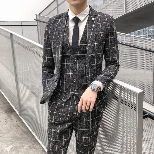 Formal Slim Business Suit Plaid ( Jacket + Vest + Pants )