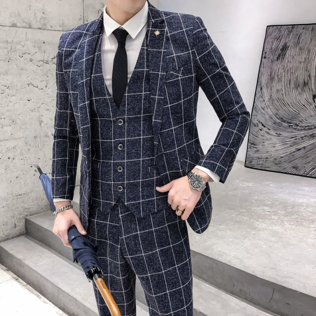 Formal Slim Business Suit Plaid ( Jacket + Vest + Pants )