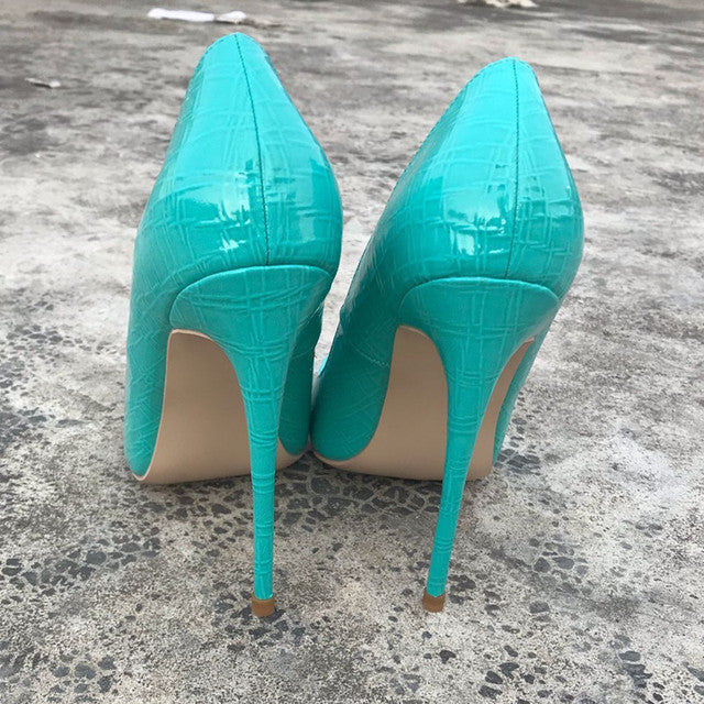 Mint Green Crocodile Effect Women Sexy Pointy Toe High Heel Shoes