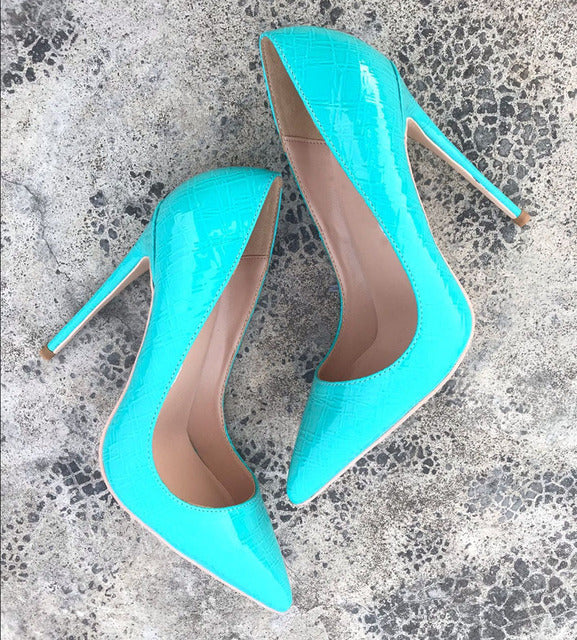 Mint Green Crocodile Effect Women Sexy Pointy Toe High Heel Shoes