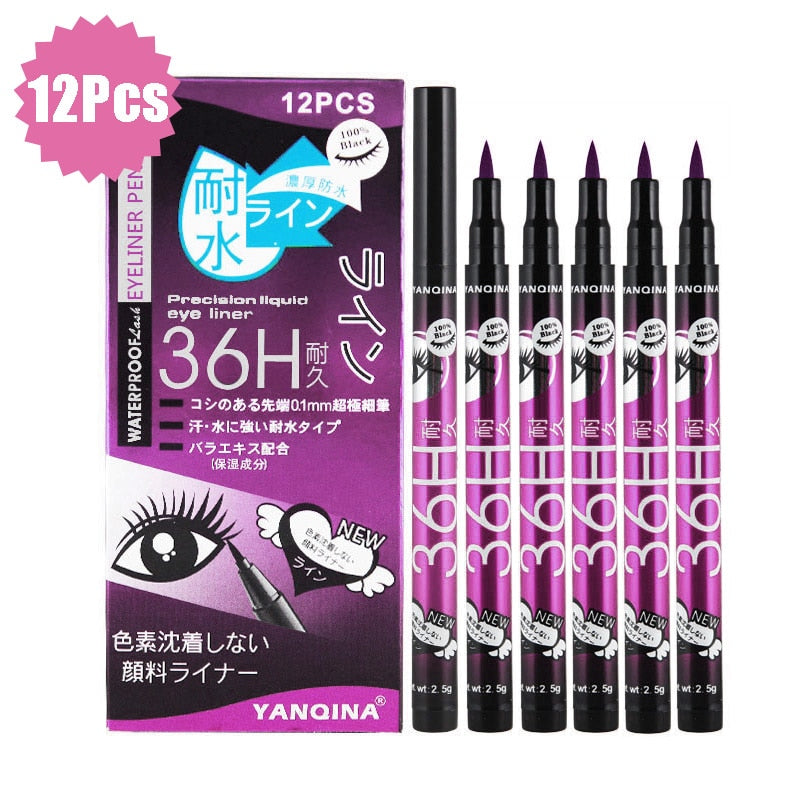 12Pcs/Box Purple Eyeliner Pen Makeup Waterproof Liquid Eye Liner Pencil
