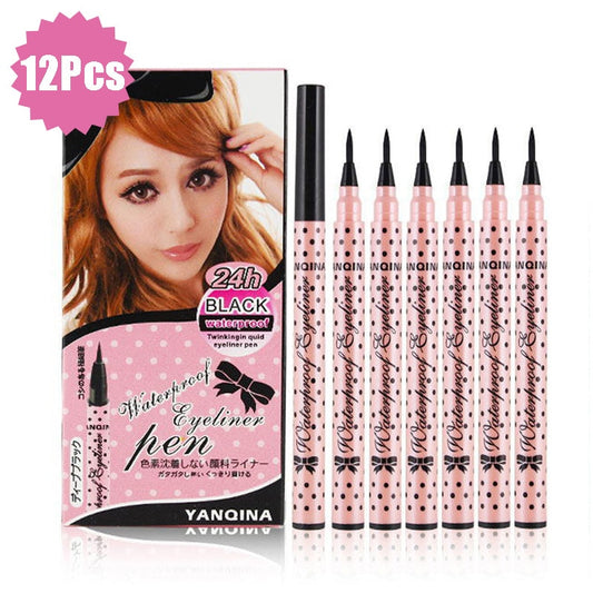 1 Box 12Pcs Long-Lasting Black Eyeliner Pen Big Eyes Waterproof Liquid Eye Liner Pencil