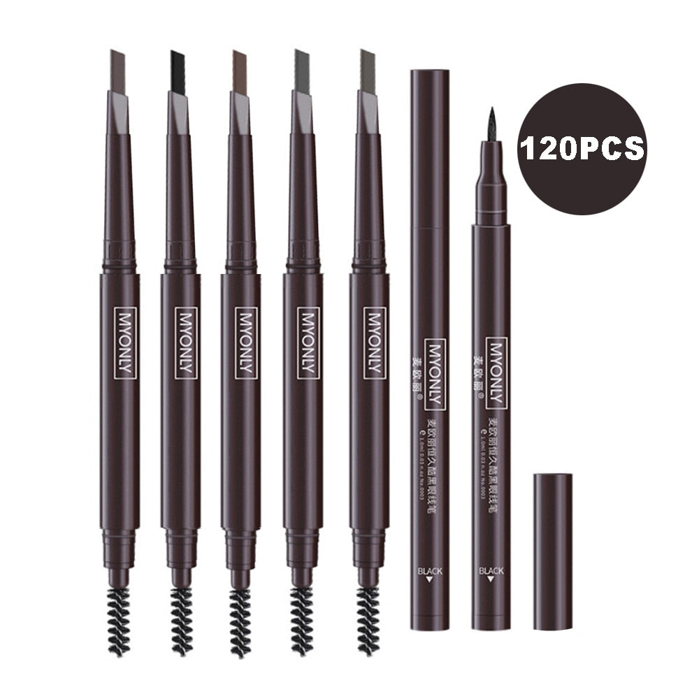 120Pcs/lot Black Eyeliner Eyebrow Pencil Waterproof Liquid Eye Liner Brow Pen Makeup Set