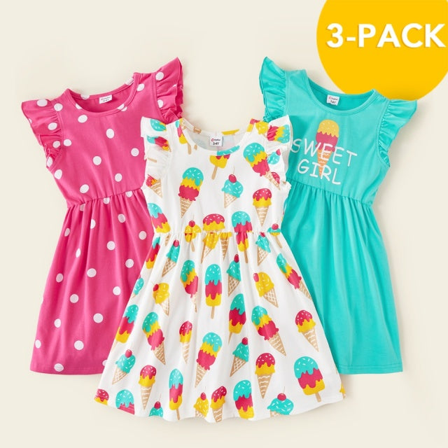 3-Pack Girls Dresses Toddler Ice Cream Polka Dots Dresses