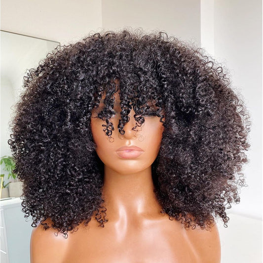 Afro Kinky Curly Wig With Bangs Full Machine Made Scalp 180 200 250 Density Remy Brazilian Human Hair Wigs