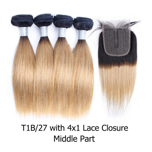 4 Bundles with Closure Transparent Lace Middle Part Free Part Straight Remy Human Hair