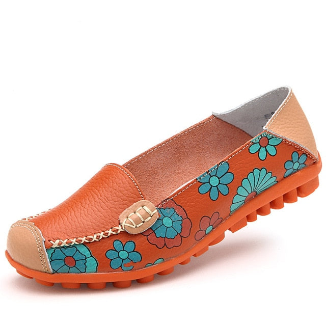 Cow Muscle Ballet Summer Flower Print Women Genuine Leather Shoes