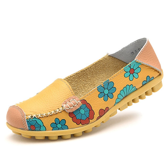 Cow Muscle Ballet Summer Flower Print Women Genuine Leather Shoes