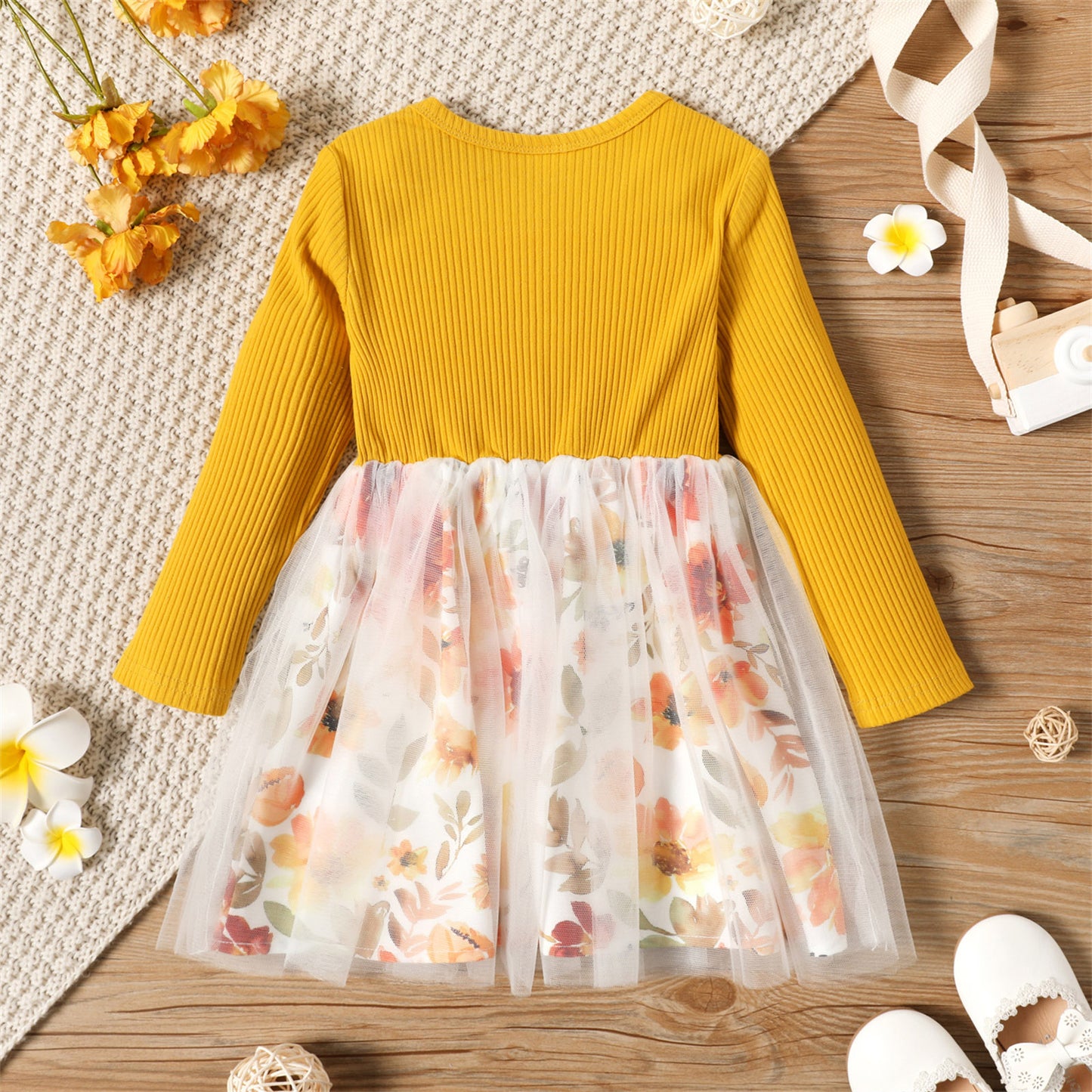 Girl Ruffled Floral Print Mesh Design Long-sleeve Dress