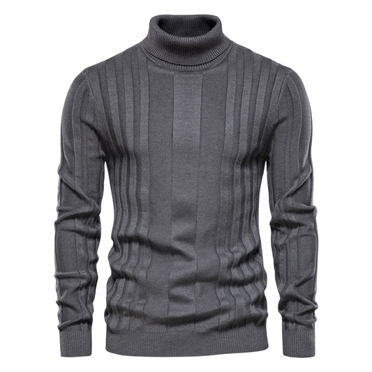 Slim Fit Pullovers Turtleneck Men Casual Basic Solid Color Warm Striped Sweater