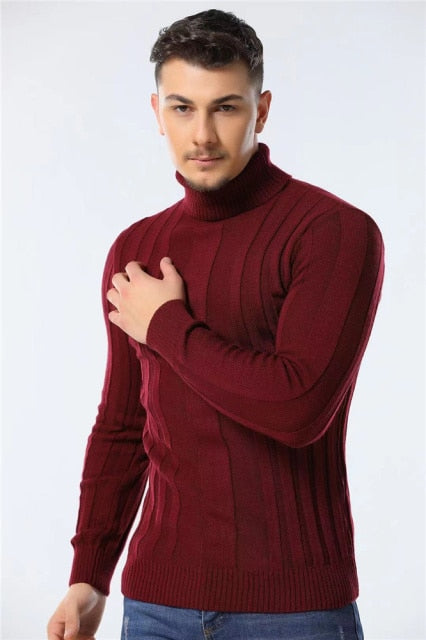 Slim Fit Pullovers Turtleneck Men Casual Basic Solid Color Warm Striped Sweater