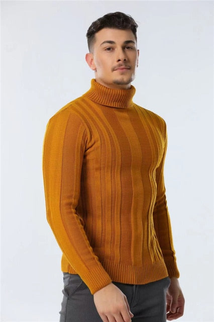 Slim Fit Pullovers Turtleneck Men Casual Basic Solid Color Warm Striped Sweater