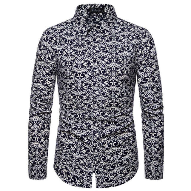 Men Long Sleeve Vintage Flower Print Dress Shirts