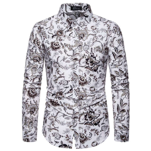 Men Long Sleeve Vintage Flower Print Dress Shirts