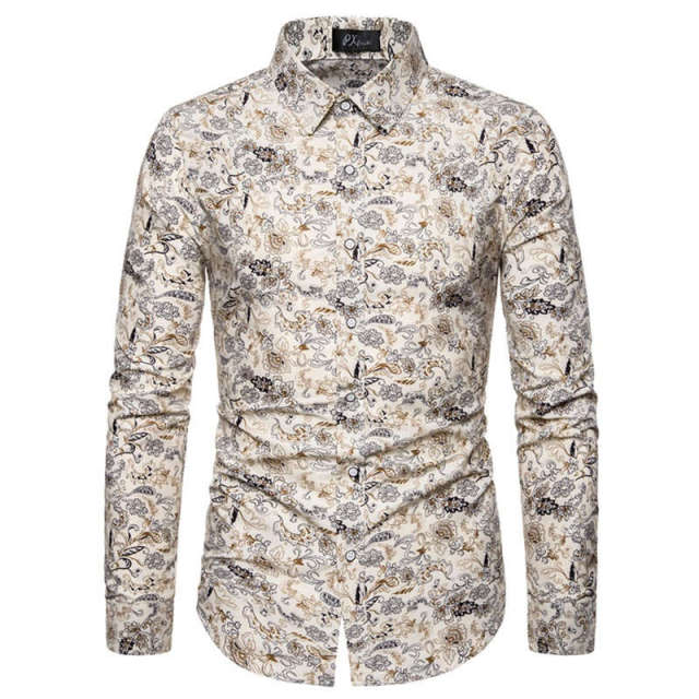 Men Long Sleeve Vintage Flower Print Dress Shirts