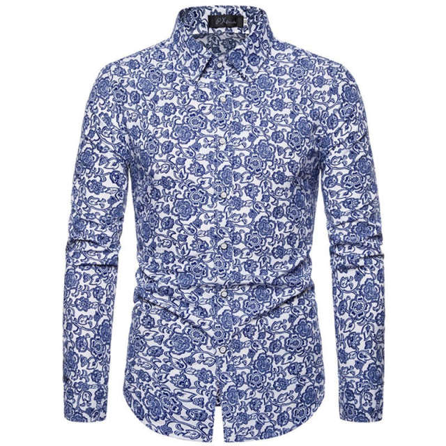 Men Long Sleeve Vintage Flower Print Dress Shirts