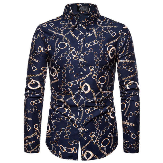 Men Long Sleeve Vintage Flower Print Dress Shirts