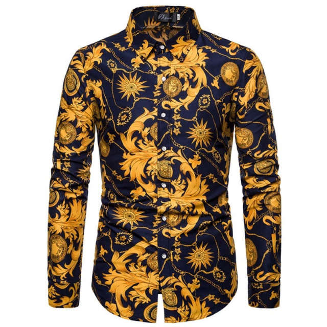 Men Long Sleeve Vintage Flower Print Dress Shirts