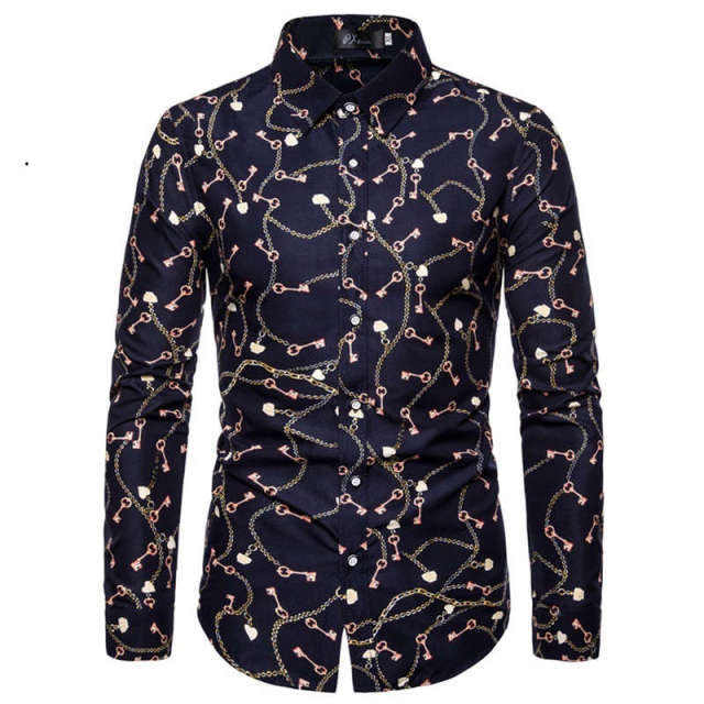 Men Long Sleeve Vintage Flower Print Dress Shirts