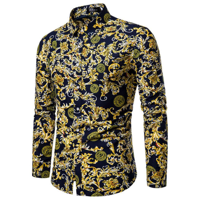 Men Long Sleeve Vintage Flower Print Dress Shirts