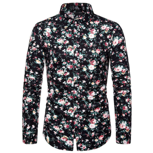 Men Long Sleeve Vintage Flower Print Dress Shirts