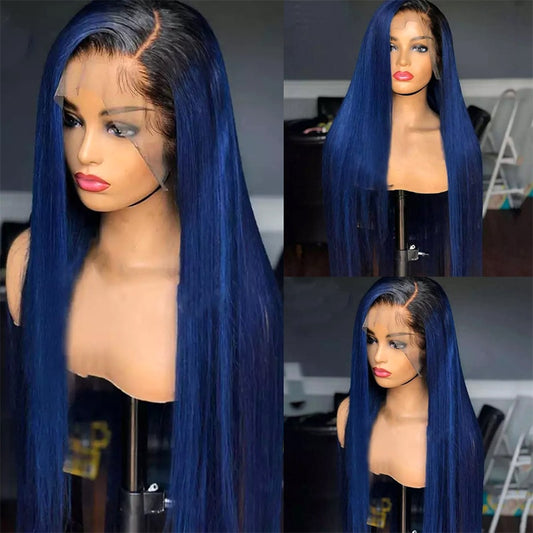 Dark Blue Lace Front Human Hair Wigs Ombre Color Lace Front Wig