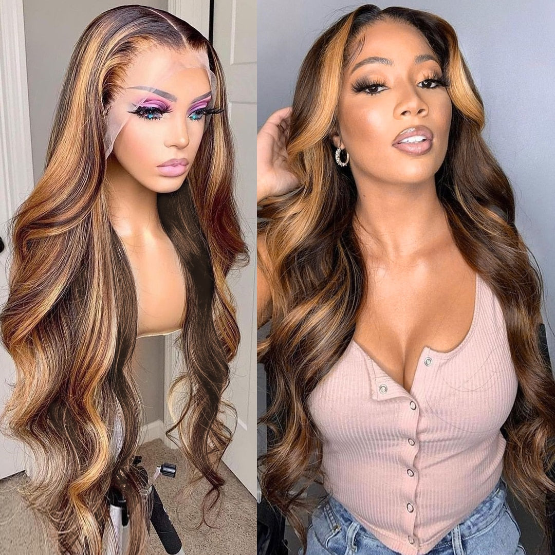 Highlight Body Wave Lace Front Wig Brown Colored Human Hair Wigs 13x1 Transparent Lace Prep lucked Wigs