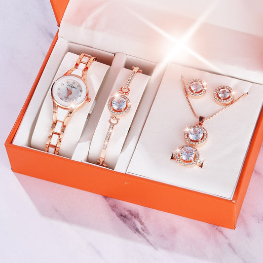 6PCS Watch Set Women Fashion Ladies Luxury Rose Gold Quartz Wristwatches
