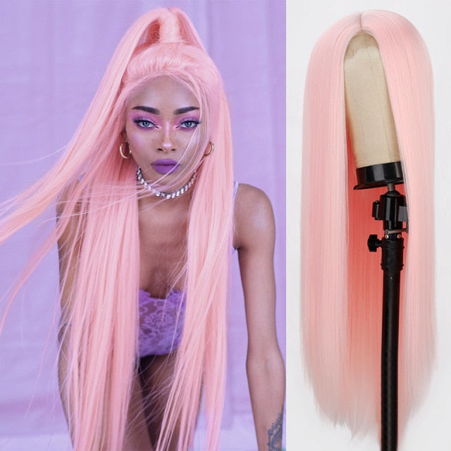 Long Straight Synthetic Wigs Pink