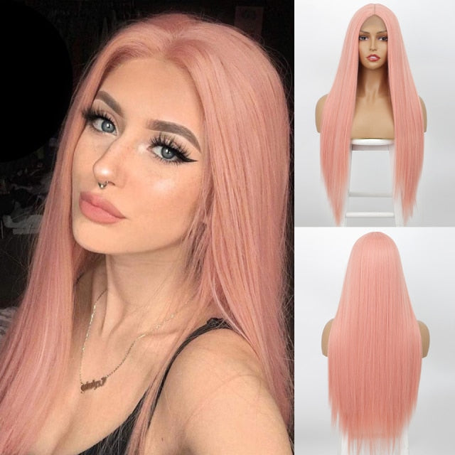 Long Straight Synthetic Wigs Pink