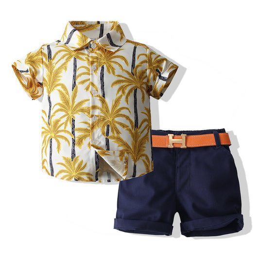 Boys Clothes Sets Coconut Tree Print Lapel Collar Tops+ Solid Color Shorts+ Waistband