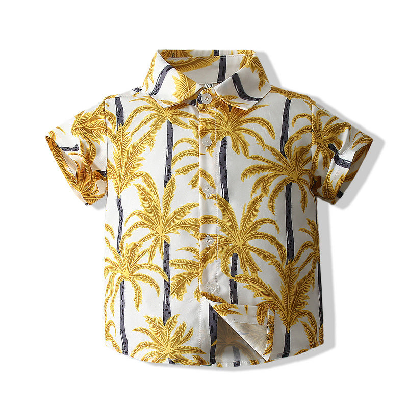 Boys Clothes Sets Coconut Tree Print Lapel Collar Tops+ Solid Color Shorts+ Waistband