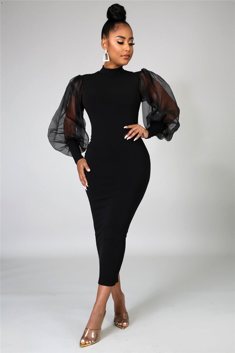 Lady Bodycon Party Long Dress Mesh Sleeve