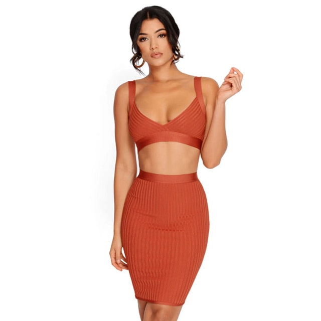 Women Bandage V Neck 2 Two Pieces Sets