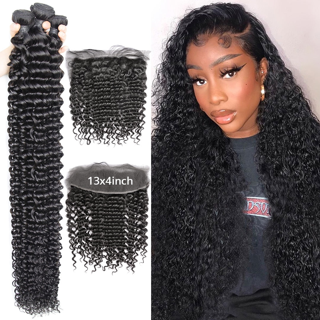 Deep Wave Bundles With Frontal Peruvian Hair Weave Bundles 3/4Pcs With Lace Frontal