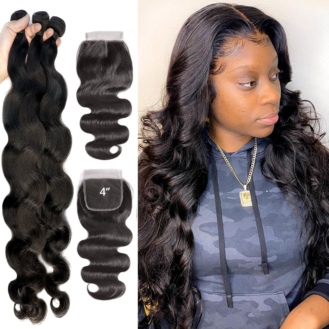 Body Wave Brazilian Hair Weave Bundles With Lace Closure 4x4 Remy Human Hair