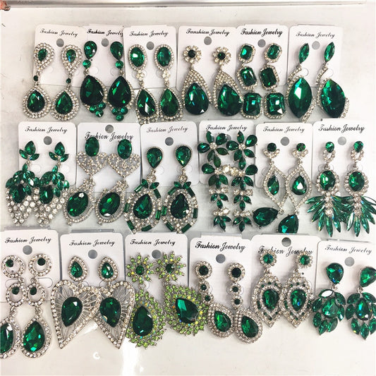 12 Pairs Mixed Design Green Crystal Earrings