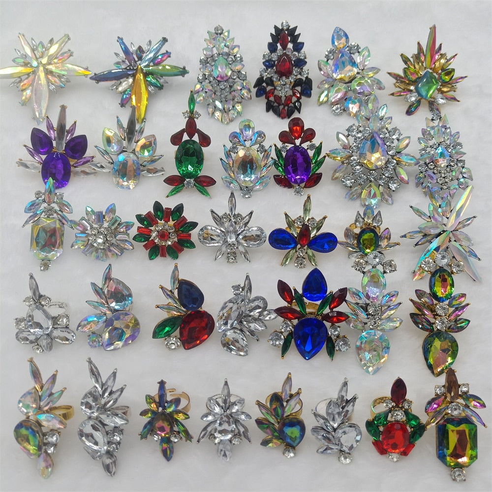 Wholesale 12 Pcs/Lots Mixed Styles Adjustable Crystal Rings