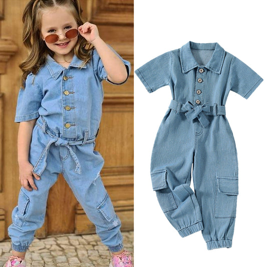 Girls Jumpsuits Pants Denim Solid Long Sleeve Playsuits With Belt