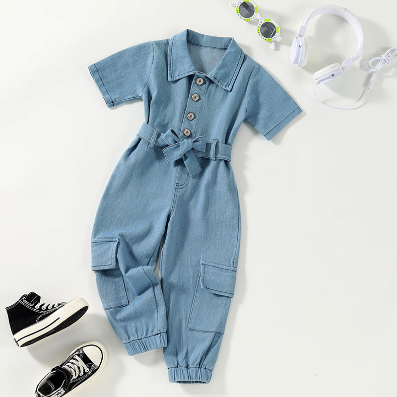 Girls Jumpsuits Pants Denim Solid Long Sleeve Playsuits With Belt