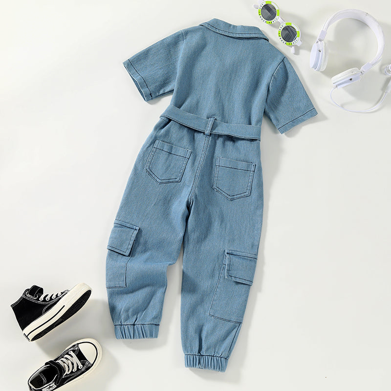 Girls Jumpsuits Pants Denim Solid Long Sleeve Playsuits With Belt