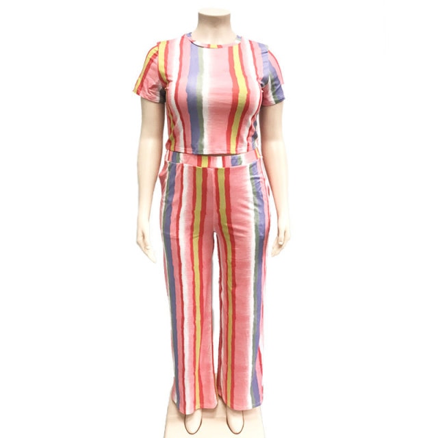 Multicolor Striped 2 Piece Set Tops And Pants Tracksuit Set