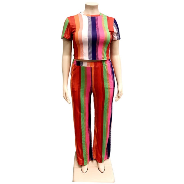 Multicolor Striped 2 Piece Set Tops And Pants Tracksuit Set