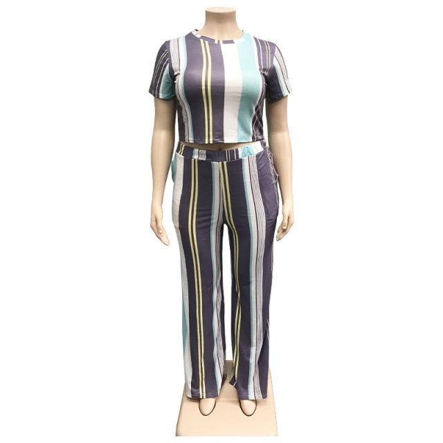 Multicolor Striped 2 Piece Set Tops And Pants Tracksuit Set