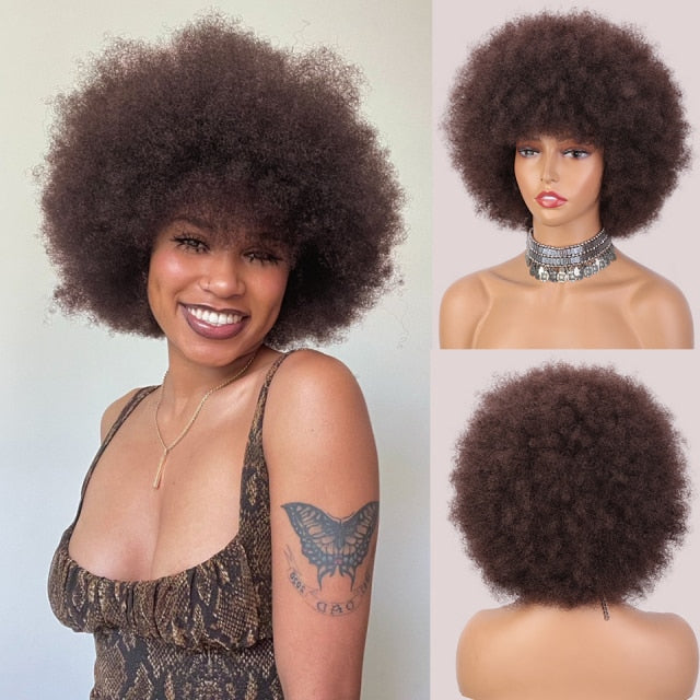 Short Fluffy Synthetic Wig Dark Brown Afro Wigs