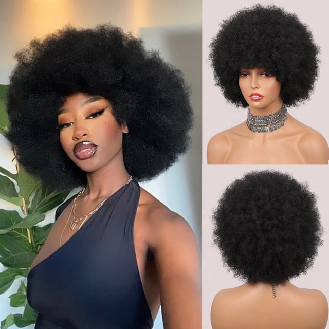 Short Fluffy Synthetic Wig Dark Brown Afro Wigs